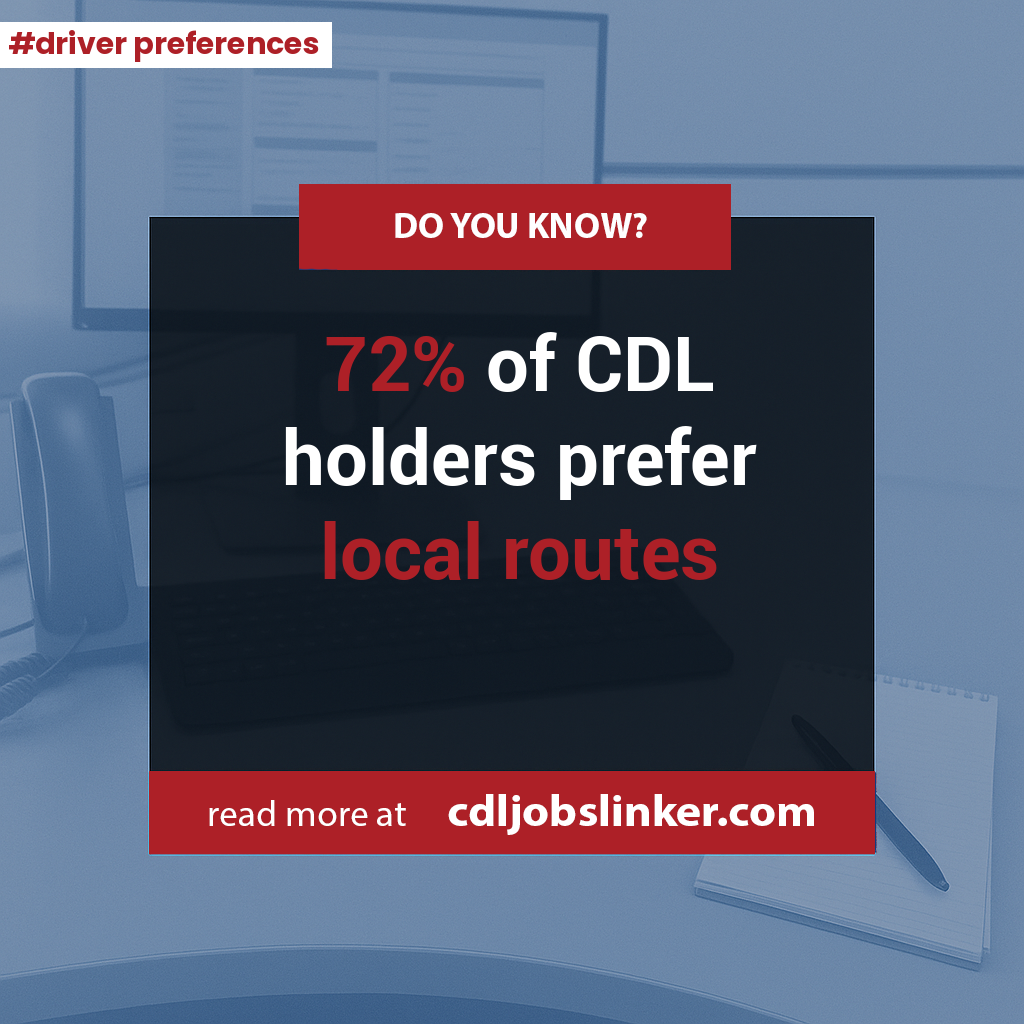 Infographic stating 72% of CDL holders prefer local routes, over office desk background