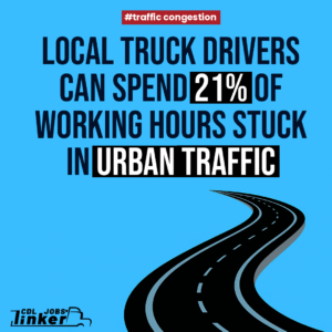 Infographic stating local truck drivers can spend 21% of working hours stuck in urban traffic, with road graphic
