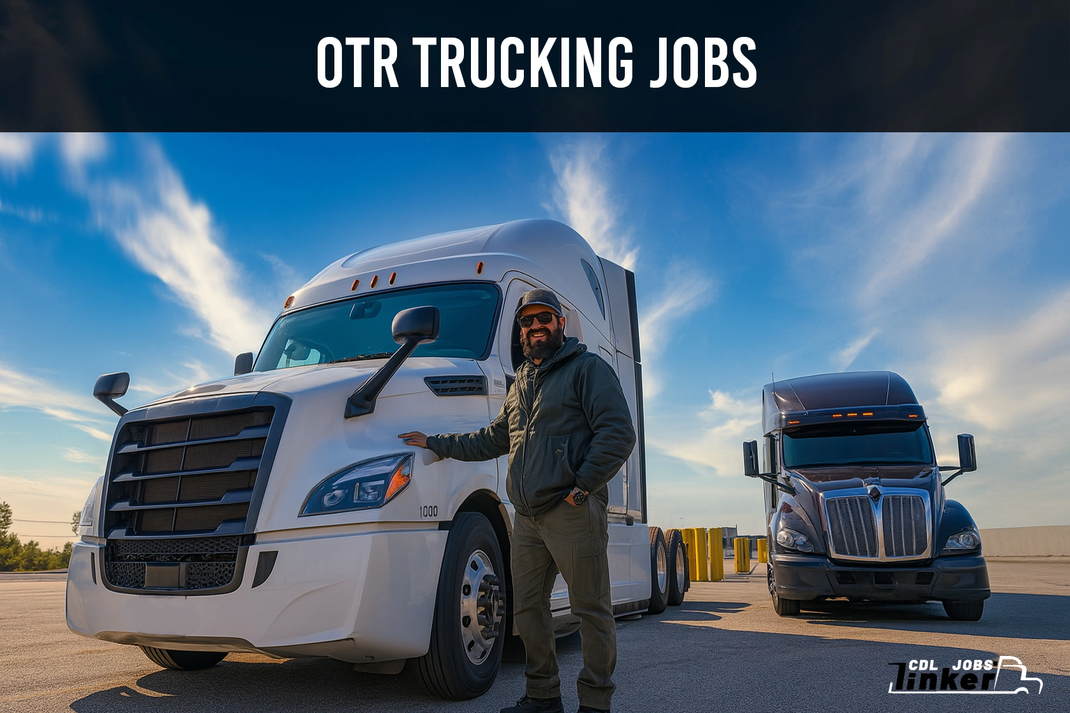 OTR semi truck driving at sunrise