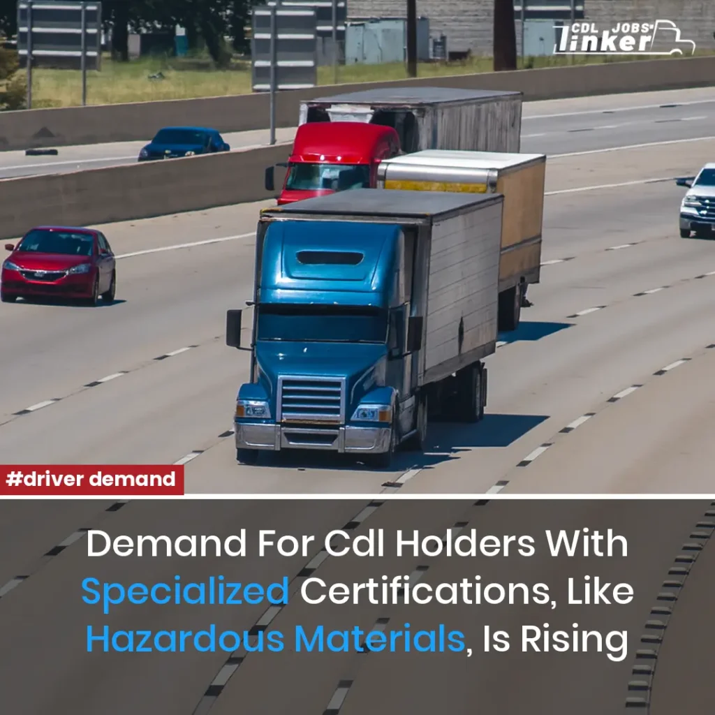 Social media graphic of trucks driving on a highway with text: “Demand for CDL holders with specialized certifications, like hazardous materials, is rising,” plus #driver demand and CDL Jobs Linker logo.