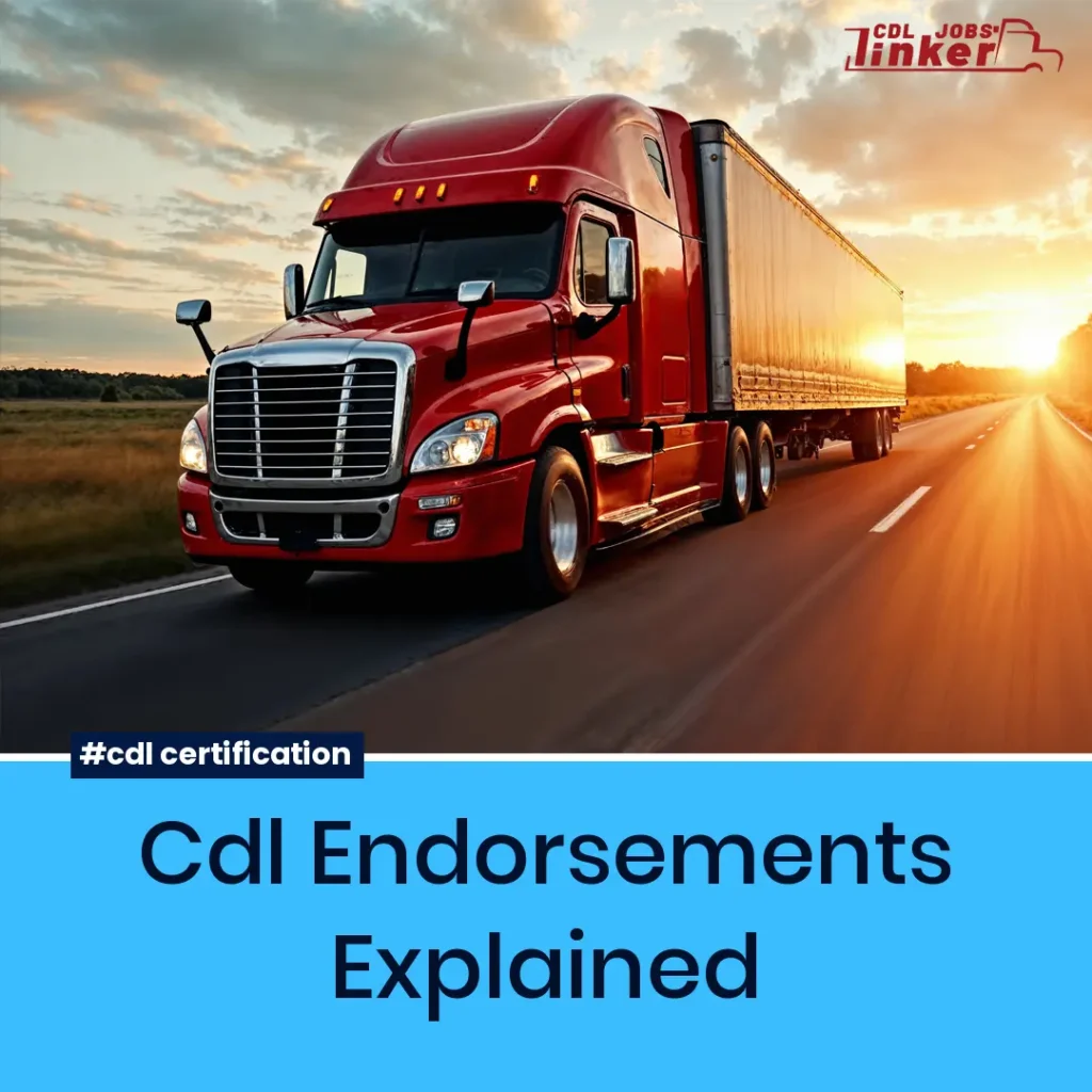 ocial media graphic of a red semi-truck on a highway at sunset with text “CDL Endorsements Explained,” plus #cdl certification and CDL Jobs Linker logo.