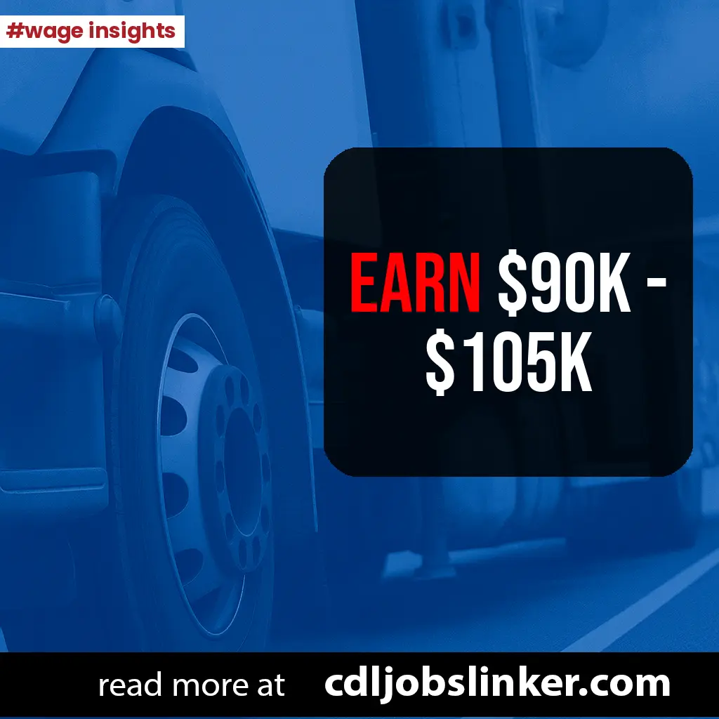 Blue trucking-themed graphic with text “EARN $90K–$105K,” #wage insights tag, and footer “read more at cdljobslinker.com