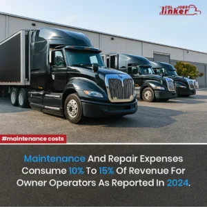 Photo of several black semi-trucks parked by a warehouse with text: “Maintenance and repair expenses consume 10% to 15% of revenue for owner operators as reported in 2024,” plus #maintenance costs and CDL Jobs Linker logo