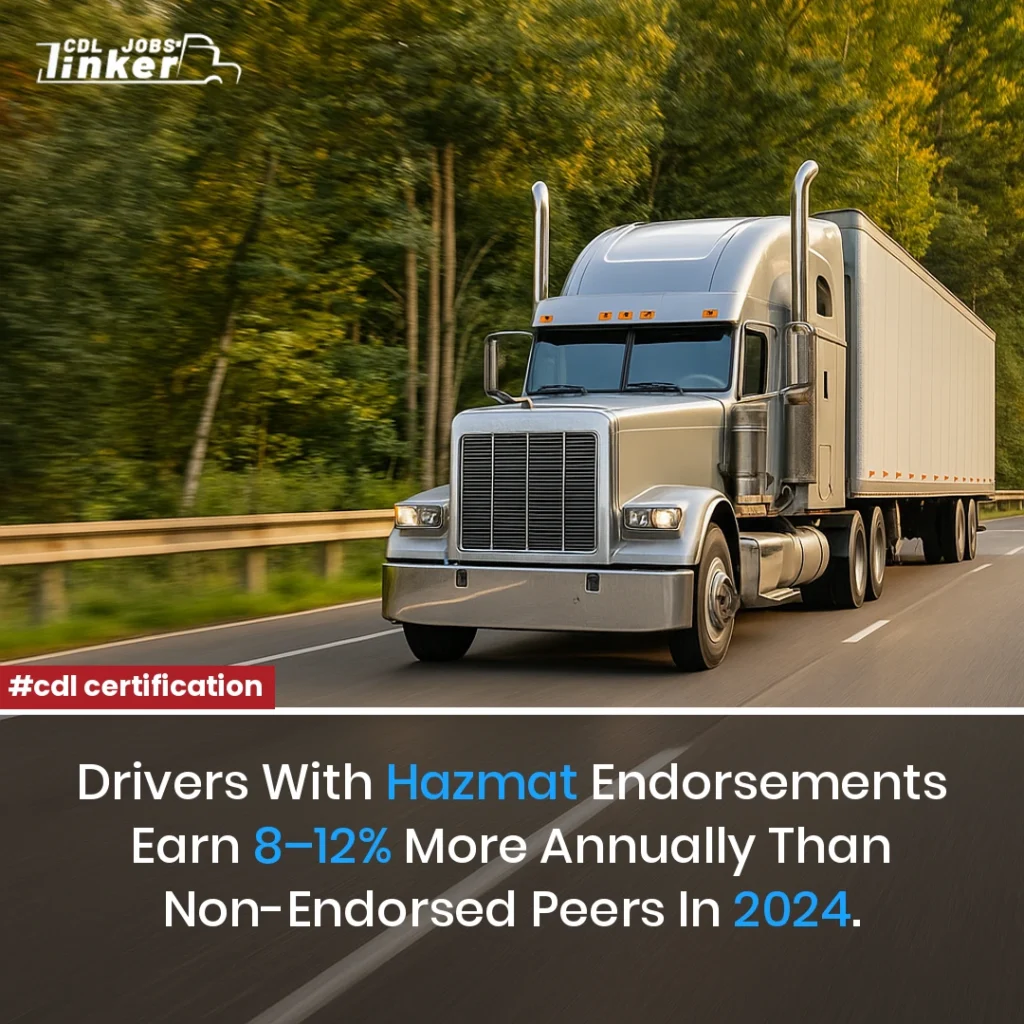 Social media graphic of a silver semi-truck on a highway with text: “Drivers with Hazmat endorsements earn 8–12% more annually than non-endorsed peers in 2024,” plus #cdl certification and CDL Jobs Linker logo.